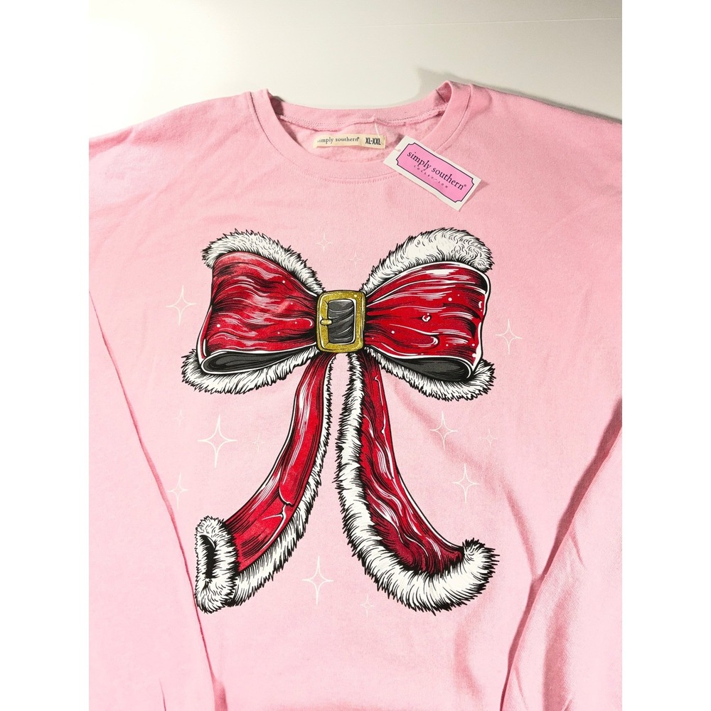 Simply Southern Pink Christmas Bow Sweatshirt XL-XXL New Holiday Fleece Crewneck - Picture 3 of 7